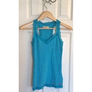 Hollister 90's Turquoise V Neck Lace Trim Longer Length Layering Tank Top, Small